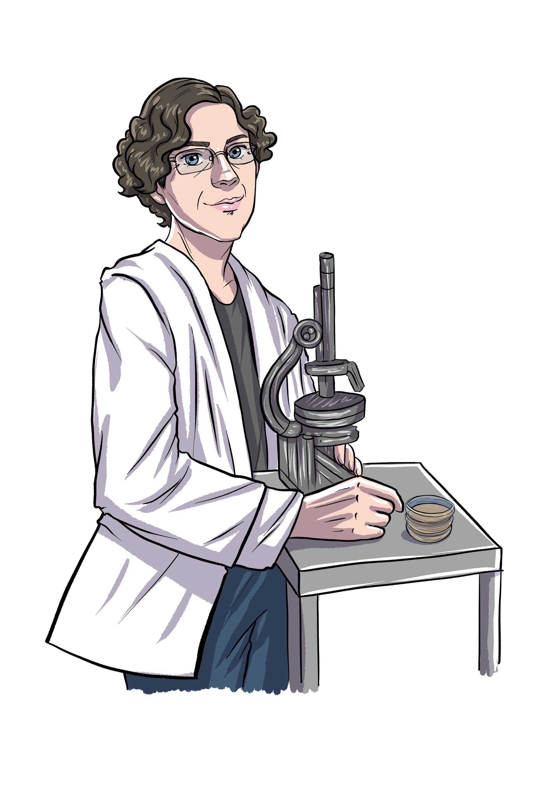 Cartoon image of Dr. Anna Wessels Willaims standing next to a table while holding a microscope, wearing a lab coat over her clothes and eye glasses on her face.